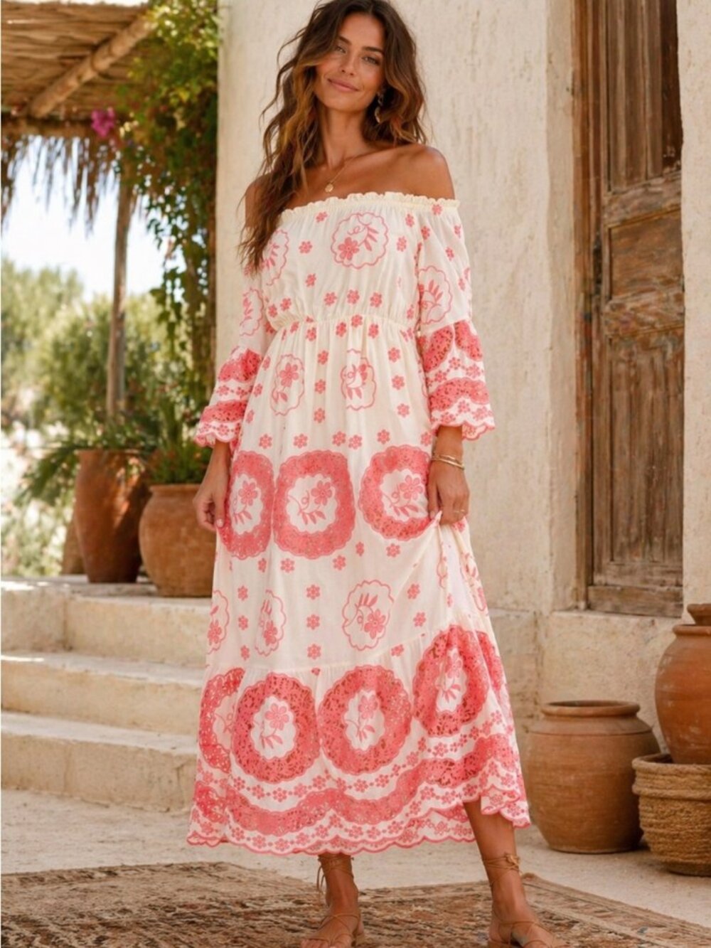 Boho Cream/Coral Women’s Off-Shoulder Bell Sleeve with Elastic Waist Crochet Max